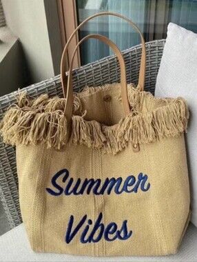 NWOT Summer Vibes Woven Fringe Beach Tote Straw Look Canvas Shoulder Bag | Boho